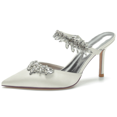Ivory Satin Wedding Shoes Pointed Toe Stiletto Heel Rhinestone Mules 