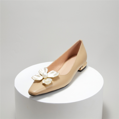 Apricot Metallic Flower Flat Shoes Sqaure Toe Office Pumps With Pearl