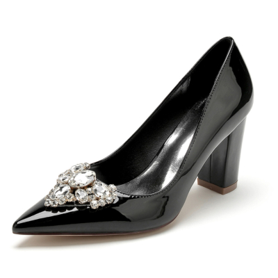 Black Jeweled Block Heel Wedding Pumps Bridal Dresses Shoes with Closed Toe