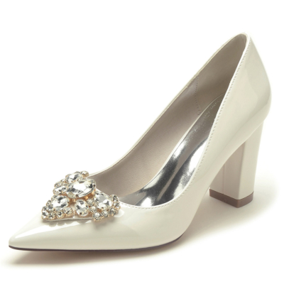Beige Jeweled Block Heel Wedding Pumps Bridal Dresses Shoes with Closed Toe