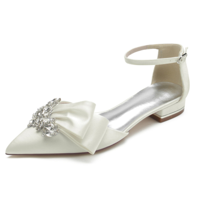 Beige Jeweled Bow Flats Ankle Strap Bridal D'orsay Rhinestones Satin Shoes