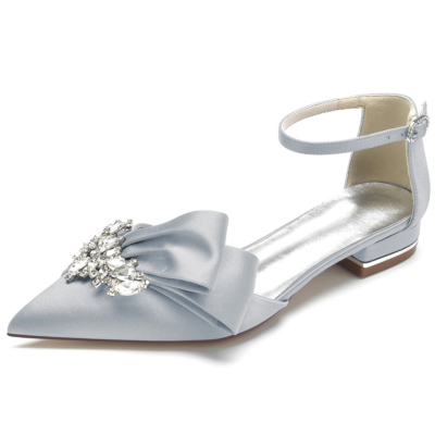 Silver Jeweled Bow Flats Ankle Strap Bridal D'orsay Rhinestones Satin Shoes