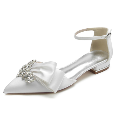 White Jeweled Bow Flats Ankle Strap Bridal D'orsay Rhinestones Satin Shoes