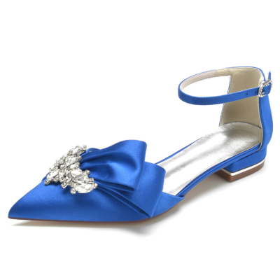 Royal Blue Jeweled Bow Flats Ankle Strap Bridal D'orsay Rhinestones Satin Shoes