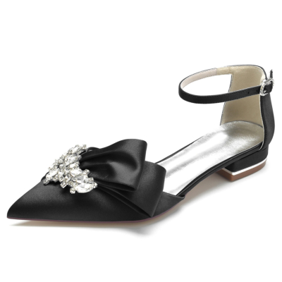 Black Jeweled Bow Flats Ankle Strap Bridal D'orsay Rhinestones Satin Shoes