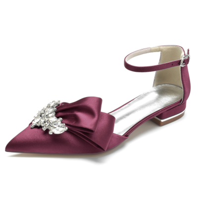 Burgundy Jeweled Bow Flats Ankle Strap Bridal D'orsay Rhinestones Satin Shoes