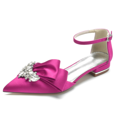Magenta Jeweled Bow Flats Ankle Strap Bridal D'orsay Rhinestones Satin Shoes