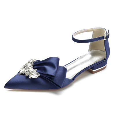 Navy Jeweled Bow Flats Ankle Strap Bridal D'orsay Rhinestones Satin Shoes