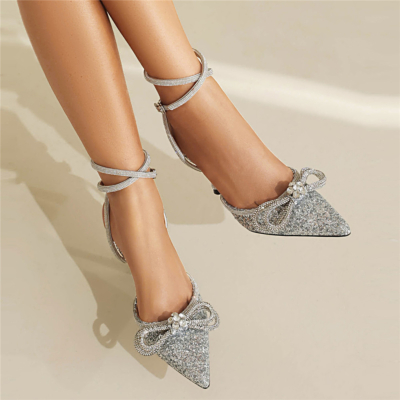 Jeweled Bow Glitter D'orsay Heels Backless Sequin Wrappy Sandals