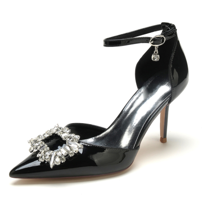 Black Jeweled Buckle Office Shoes Pumps D'orsay Heels with Pointed Toe