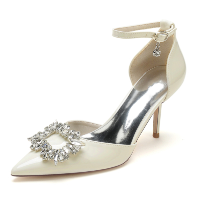 Beige Jeweled Buckle Office Shoes Pumps D'orsay Heels with Pointed Toe