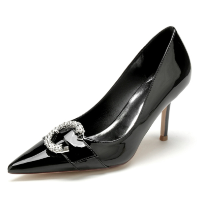 Black Jeweled Buckle Stiletto Heels Pointed Toe Pumps Shoes for Work