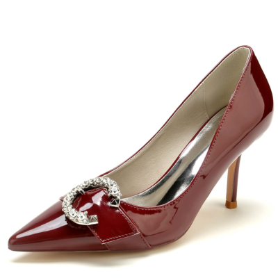 Burgundy Jeweled Buckle Stiletto Heels Pointed Toe Pumps Shoes for Work