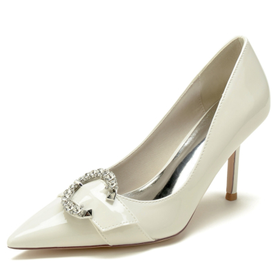 Beige Jeweled Buckle Stiletto Heels Pointed Toe Pumps Shoes for Work