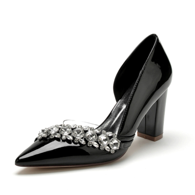 Black Jeweled Clear D'orsay Pumps Cut Out Dresses Shoes Block Heels