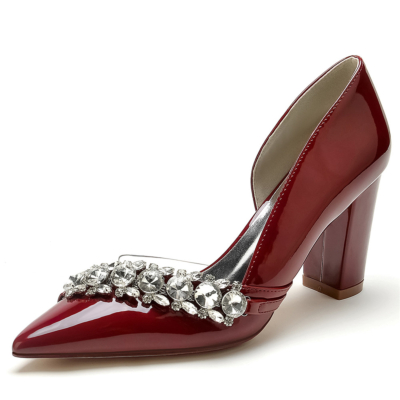 Burgundy Jeweled Clear D'orsay Pumps Cut Out Dresses Shoes Block Heels