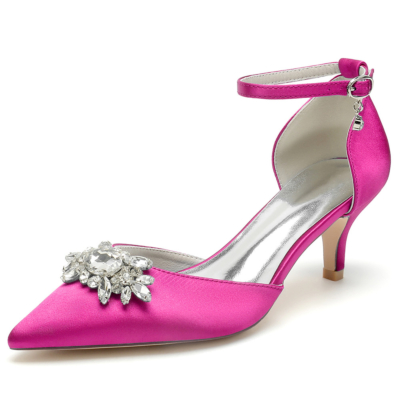 Fuchsia Jeweled Kitten Heels D'orsay Pumps Wedding Satin Aankle Strap Shoes