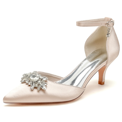 Champagne Jeweled Kitten Heels D'orsay Pumps Wedding Satin Aankle Strap Shoes