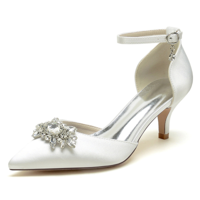 Beige Jeweled Kitten Heels D'orsay Pumps Wedding Satin Aankle Strap Shoes