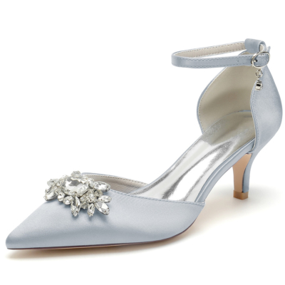 Grey Jeweled Kitten Heels D'orsay Pumps Wedding Satin Aankle Strap Shoes