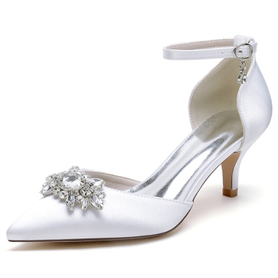 White Jeweled Kitten Heels D'orsay Pumps Wedding Satin Aankle Strap Shoes