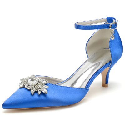 Royal Blue Jeweled Kitten Heels D'orsay Pumps Wedding Satin Aankle Strap Shoes