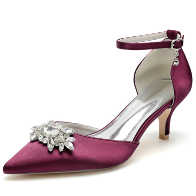 Burgundy Jeweled Kitten Heels D'orsay Pumps Wedding Satin Aankle Strap Shoes