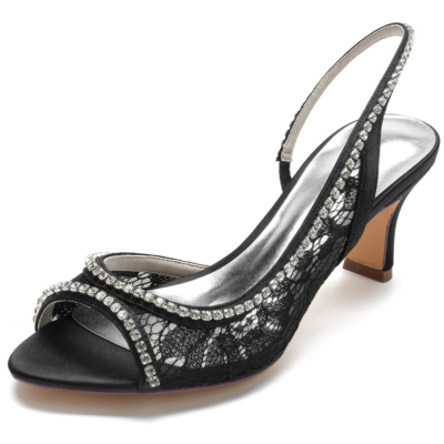 Black Jeweled Lace Slingback Heels Hollow Out Peep Toe Block Heeled Sandals