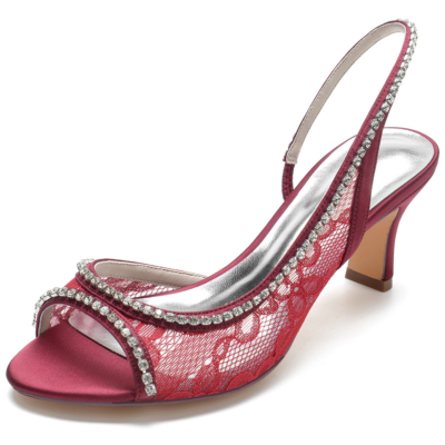 Burgundy Jeweled Lace Slingback Heels Hollow Out Peep Toe Block Heeled Sandals