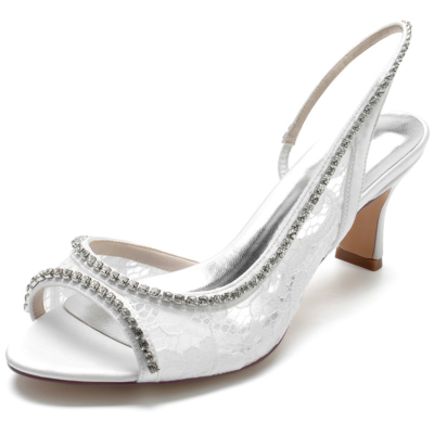 White Jeweled Lace Slingback Heels Hollow Out Peep Toe Block Heeled Sandals