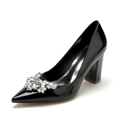 Black Jeweled Pumps Pointy Toe Dresses Shoes with Block Heels