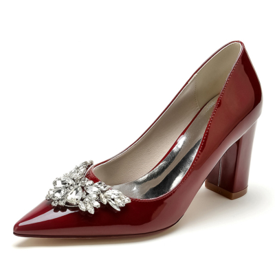 Burgundy Jeweled Pumps Pointy Toe Dresses Shoes with Block Heels