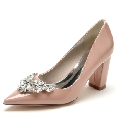 Pink Jeweled Pumps Pointy Toe Dresses Shoes with Block Heels