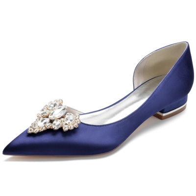 Navy Jeweled Satin Bridal Flats Wedding Slip On Dresses D'orsay Flat Shoes