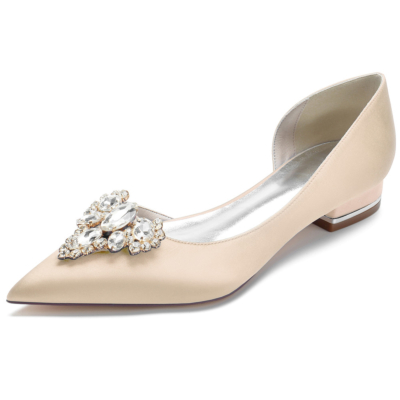 Champagne Jeweled Satin Bridal Flats Wedding Slip On Dresses D'orsay Flat Shoes