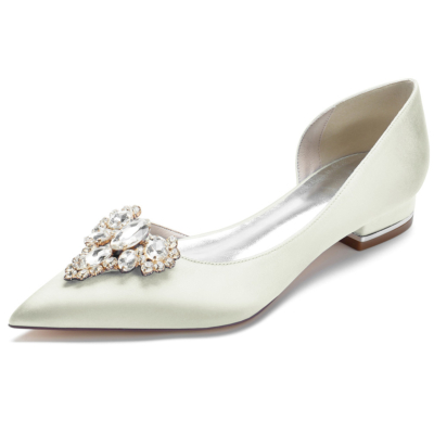 Beige Jeweled Satin Bridal Flats Wedding Slip On Dresses D'orsay Flat Shoes