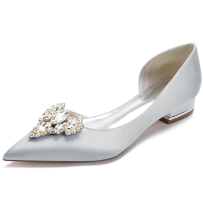 Silver Jeweled Satin Bridal Flats Wedding Slip On Dresses D'orsay Flat Shoes