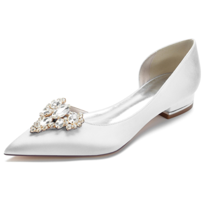 White Jeweled Satin Bridal Flats Wedding Slip On Dresses D'orsay Flat Shoes
