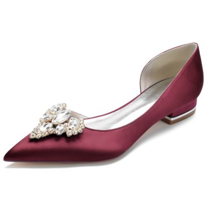 Burgundy Jeweled Satin Bridal Flats Wedding Slip On Dresses D'orsay Flat Shoes