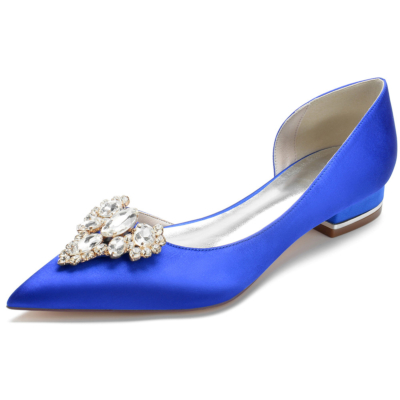 Royal Blue Jeweled Satin Bridal Flats Wedding Slip On Dresses D'orsay Flat Shoes
