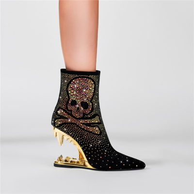 Gold Jeweled Skeleton Ankle Boots Tiger Heels Rhinestones Boots