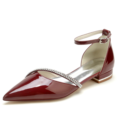 Burgundy Jeweled Strap Ankle strap D'orsay Flats Dresses Shoes Pumps