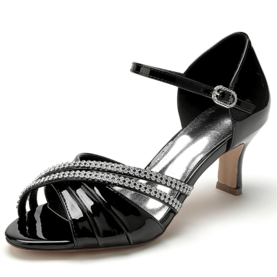 Black Jeweled Strap Ankle Strap D'orsay Sandals Block Low Heels for Dress