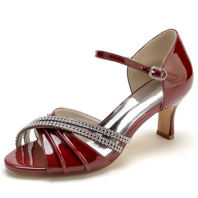 Burgundy Jeweled Strap Ankle Strap D'orsay Sandals Block Low Heels for Dress
