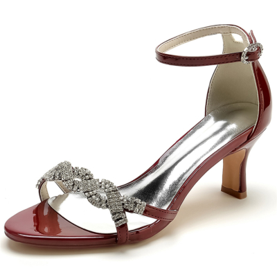 Burgundy Jeweled Twist Strap Sandals Party Shoes with Block Low Heels