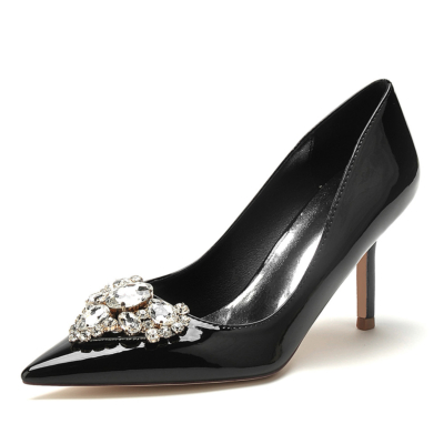 Black Jewelled Buckle Stiletto Heel Pointed Toe Pumps Shoes for Dress