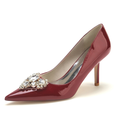 Burgundy Jewelled Buckle Stiletto Heel Pointed Toe Pumps Shoes for Dress