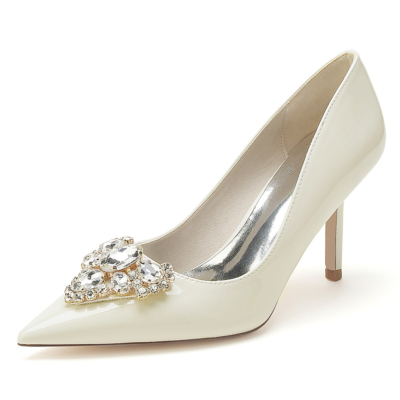 Beige Jewelled Buckle Stiletto Heel Pointed Toe Pumps Shoes for Dress