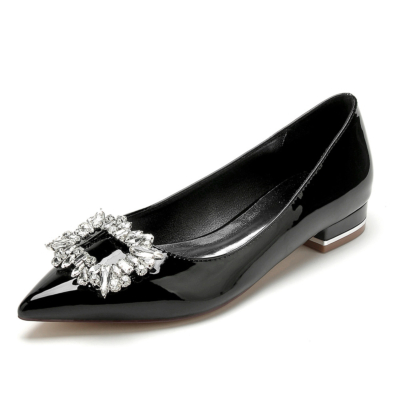 Black Jewelled Buckle Work Pumps Shoes Flats with Pointy Toe