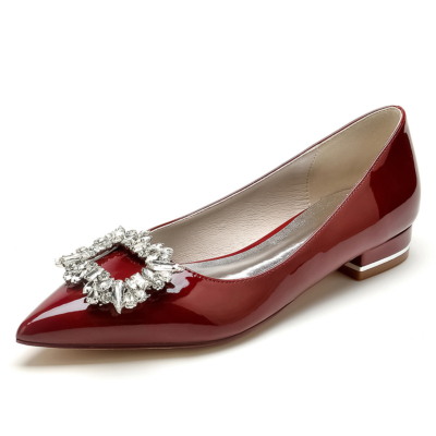 Burgundy Jewelled Buckle Work Pumps Shoes Flats with Pointy Toe